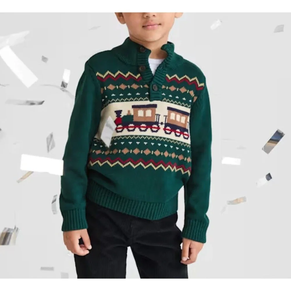 Children's Place Toddler Boys 12-18 Mos Train Fairisle Mock Neck Sweater Green